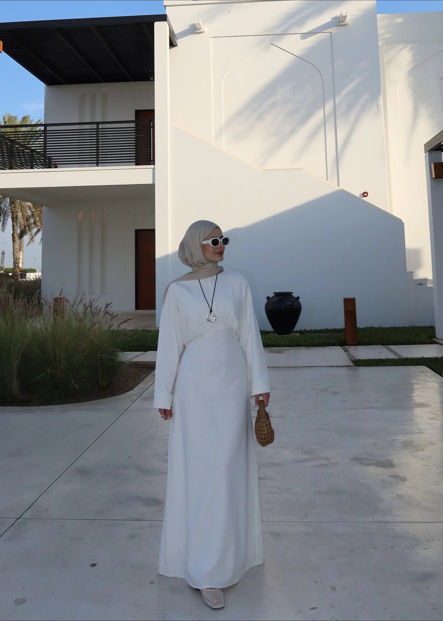 White Cotton Tie-Back Maxi Dress - Waist Detail Long Sleeve Gown