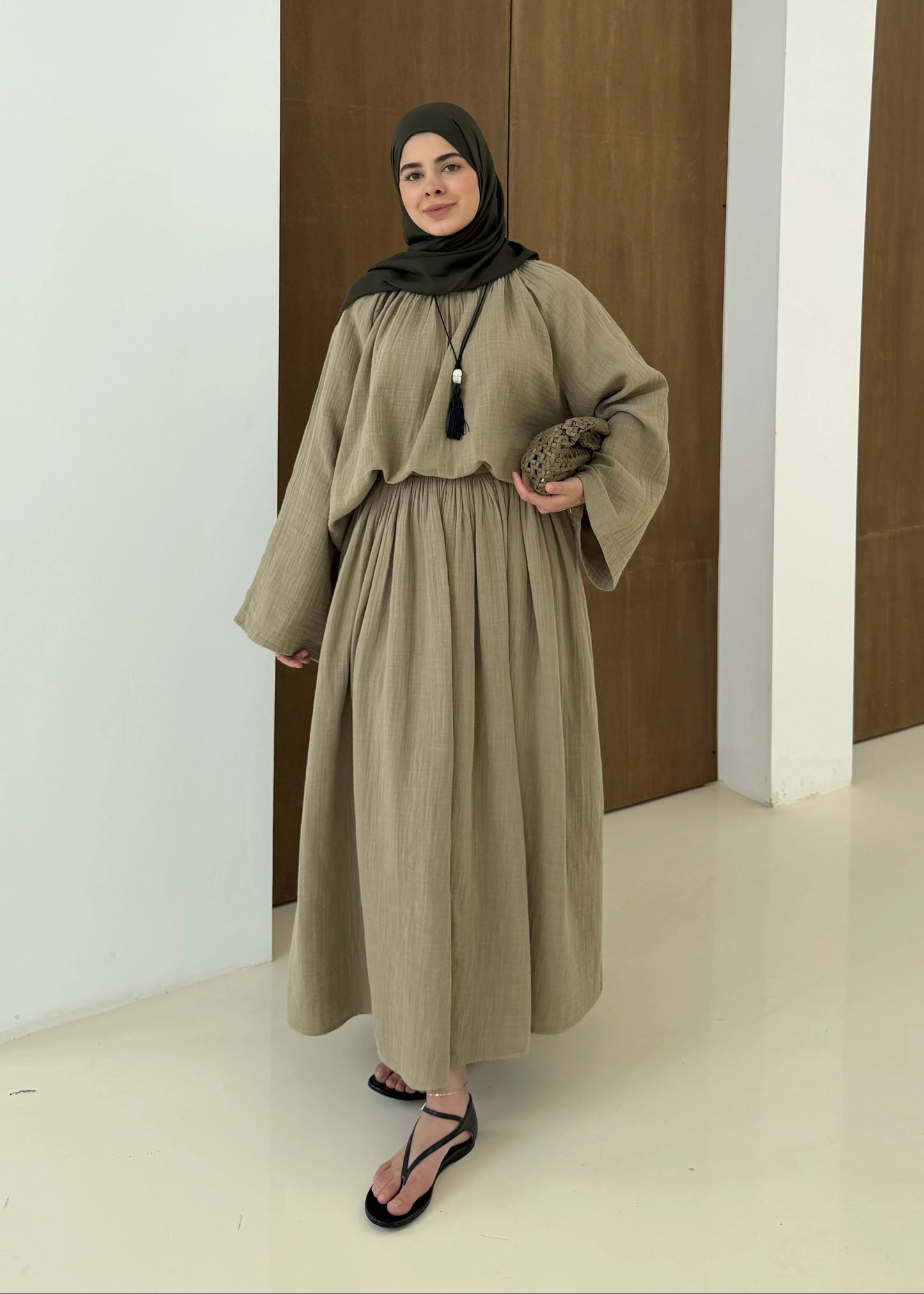 Khaki Muslin Two-Piece Set