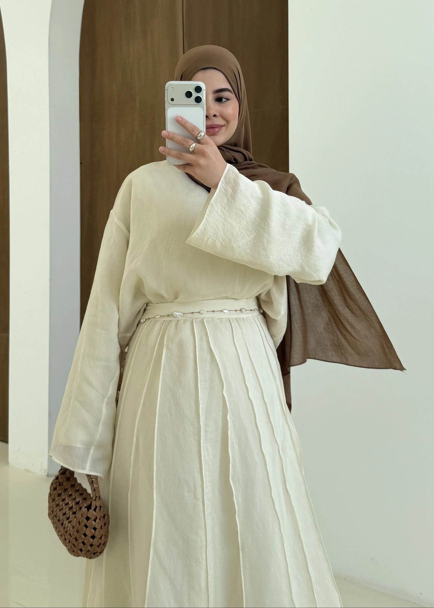 Reverse Stitch Skirt Set - Beige