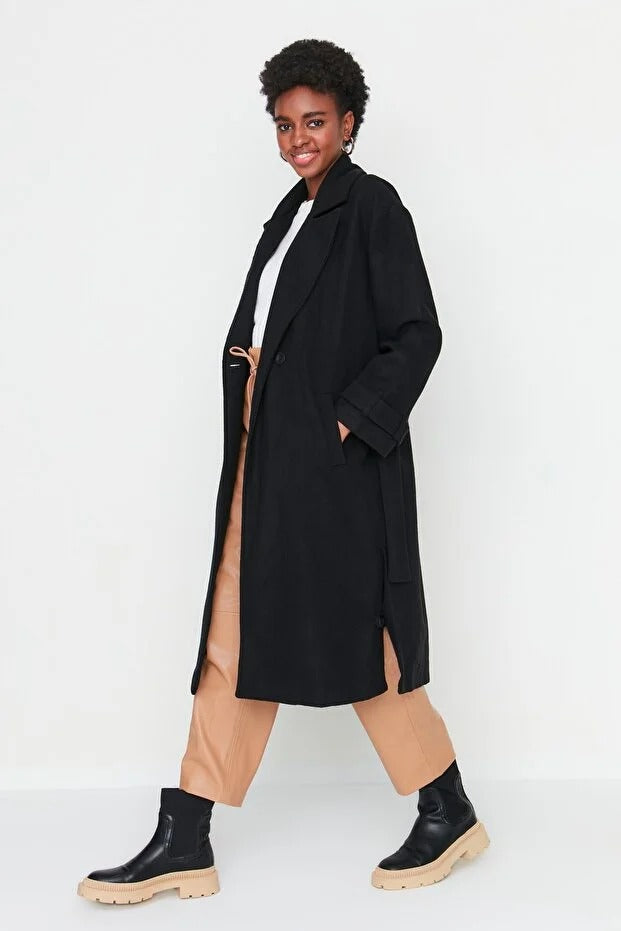 Black Oversized Wide-Cut Long Wool-Blend Coat with Belt