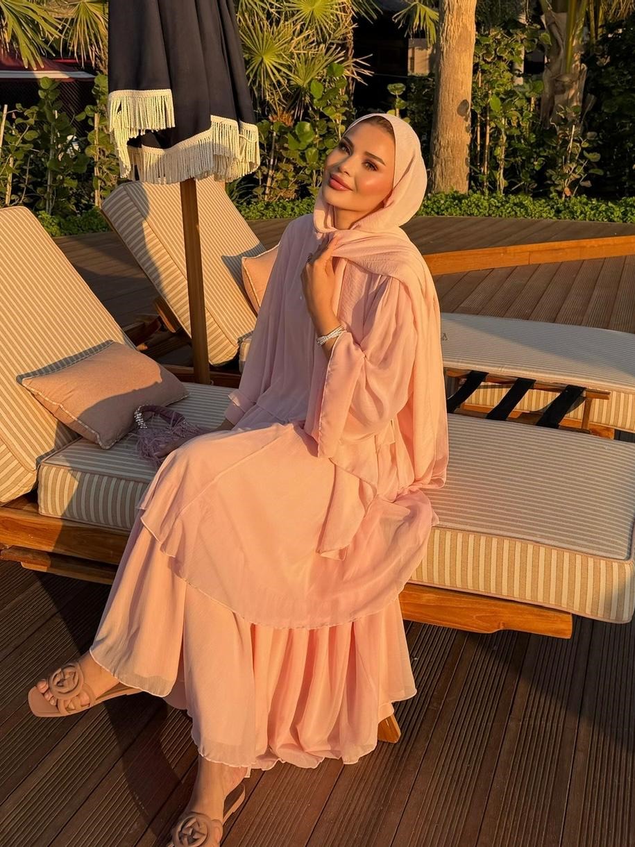 Layered Cape Chiffon Co-ord Set with Tiered Ruffle Skirt - Pink