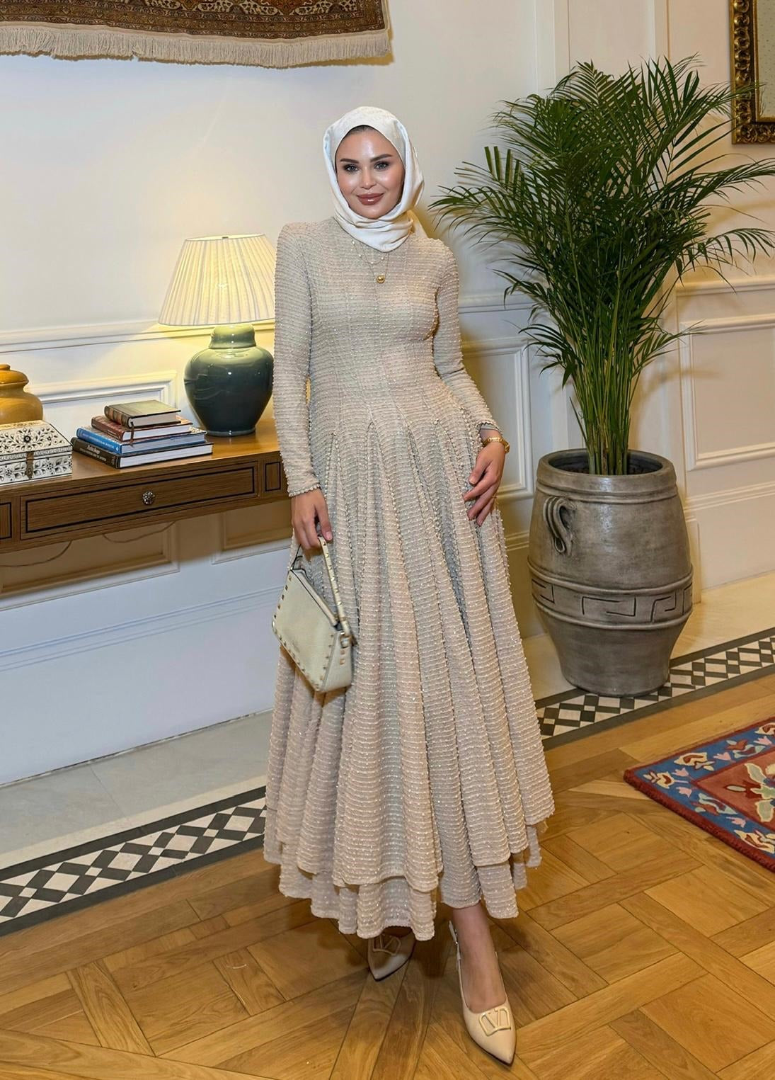 Asos Cream Shimmer Textured Tiered Maxi Dress with Smocked Bodice