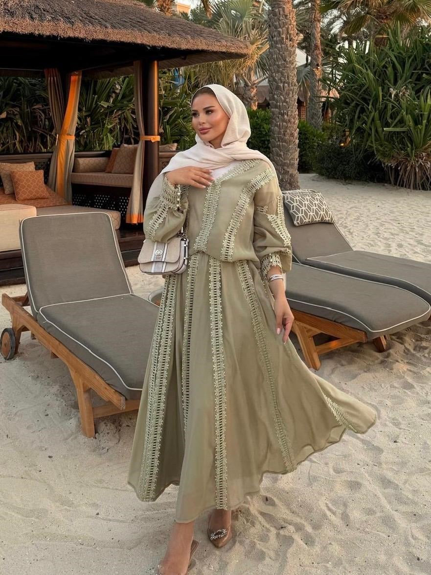 Lace Trim V-Neck Oversized Top & Flared Maxi Skirt Co-ord Set - Green