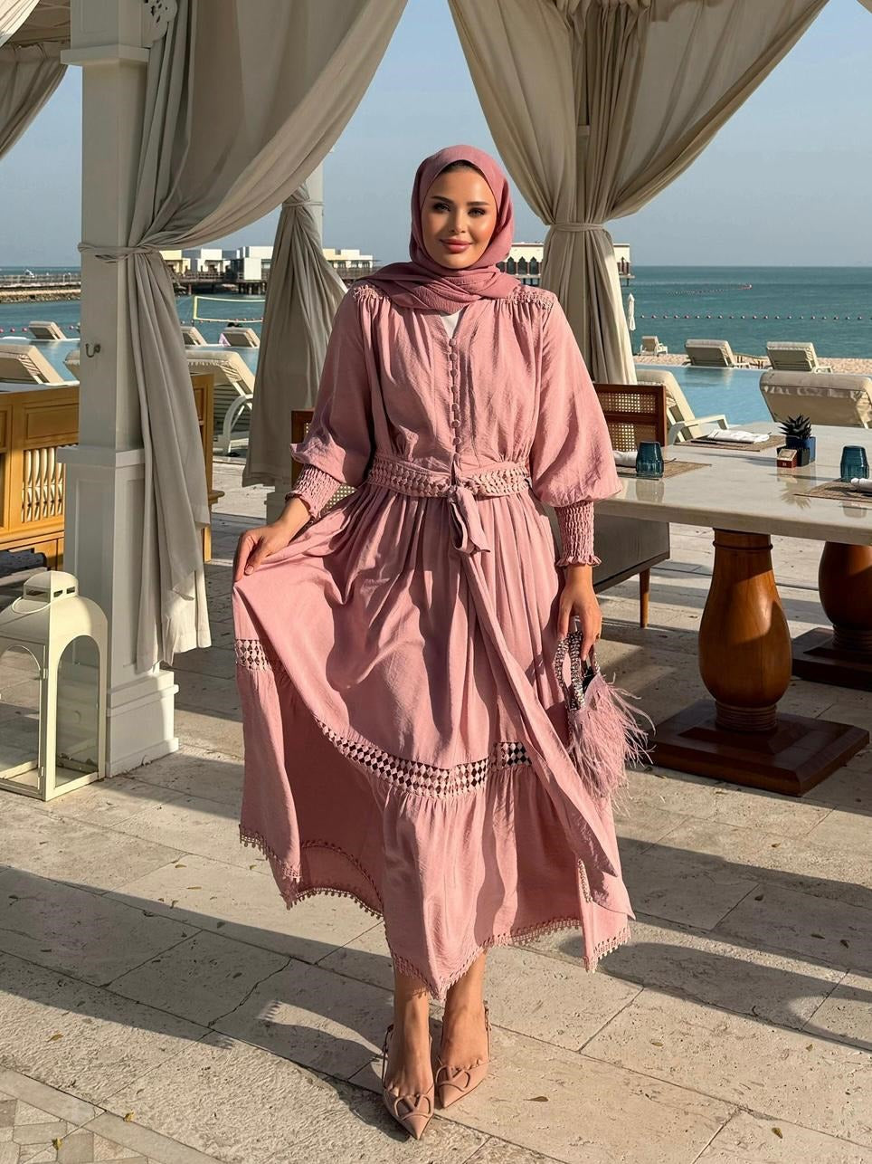 Tiered Boho Lace Trim Co-ord Set with Crochet Waist Belt - Pink Rose