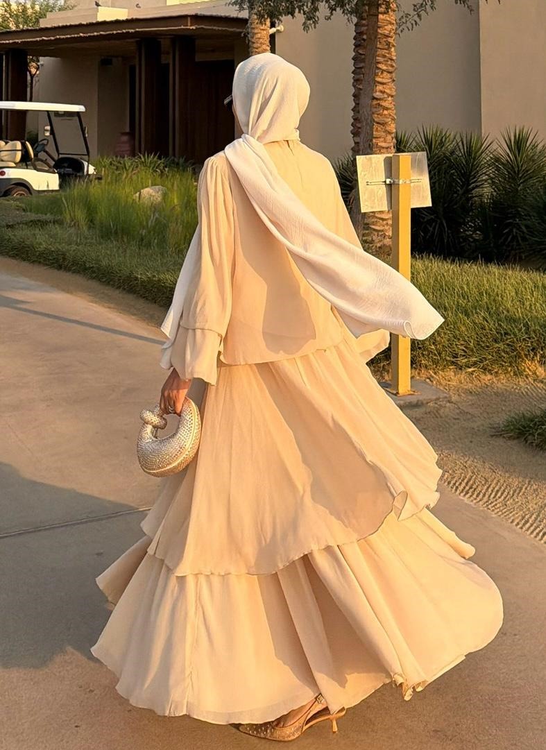 Layered Cape Chiffon Co-ord Set with Tiered Ruffle Skirt - Beige