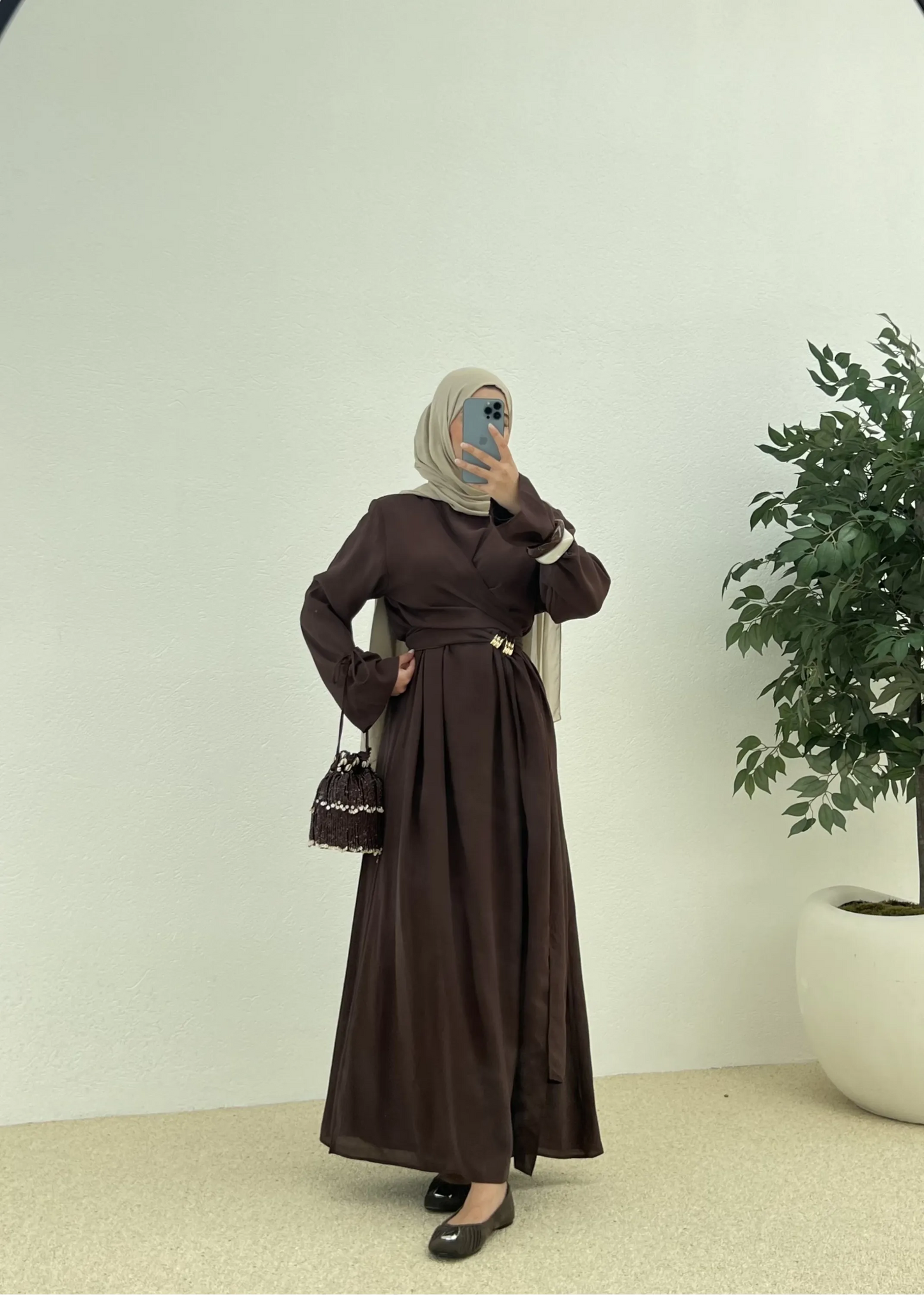 Brown Tencel Dress with Buckle Detail