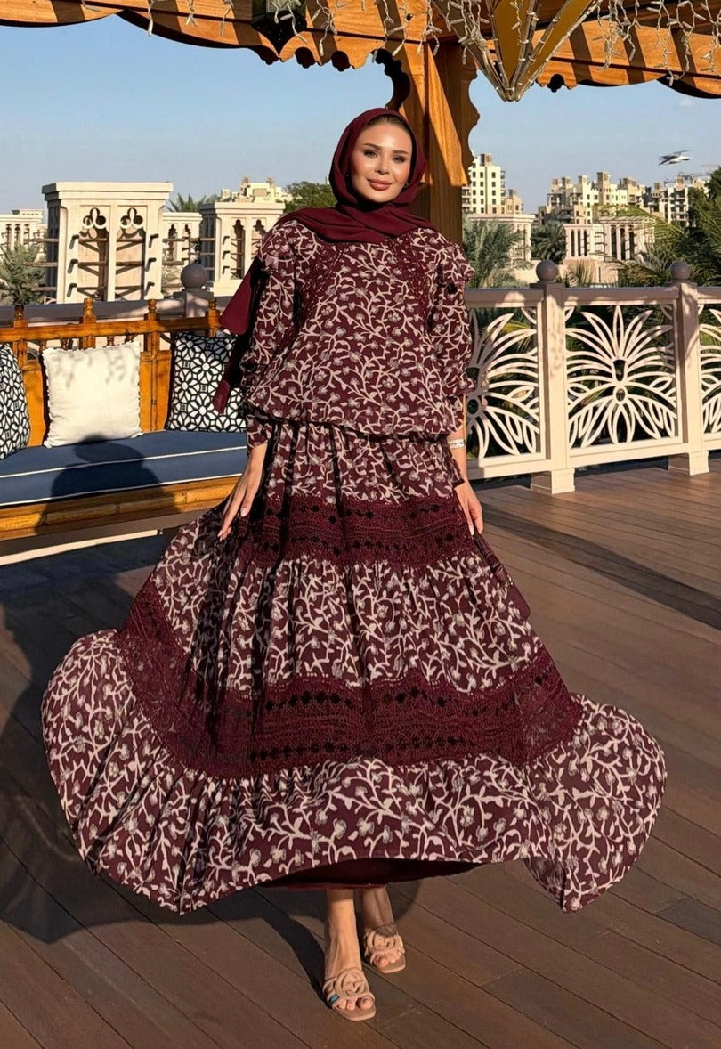Floral Print Lace-Trim Tiered Maxi Co-ord Set - Burgundy - PRE ORDER