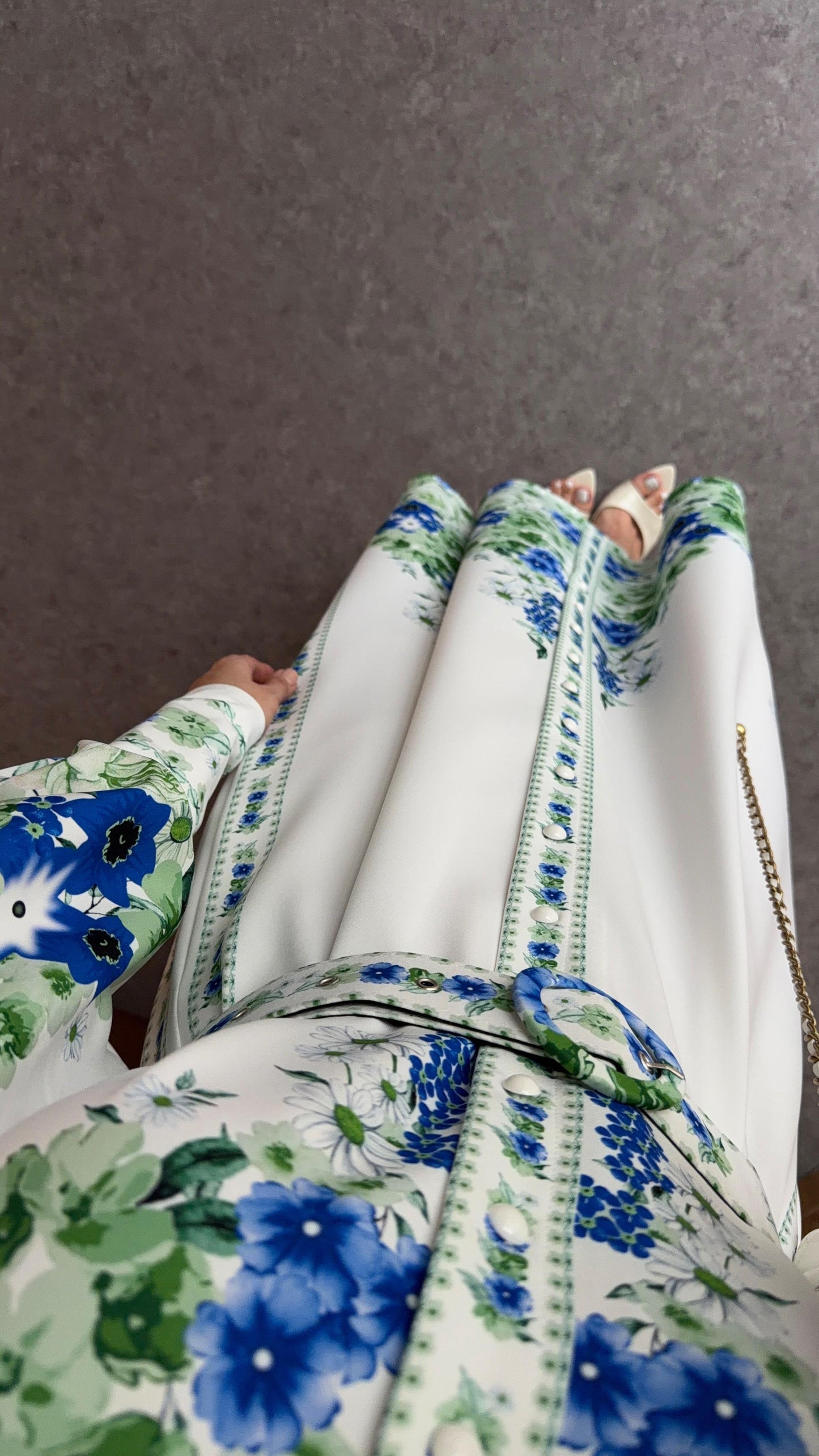 Blue & Green Digital Floral Print Maxi Dress with Puff Sleeves & Belted Waist