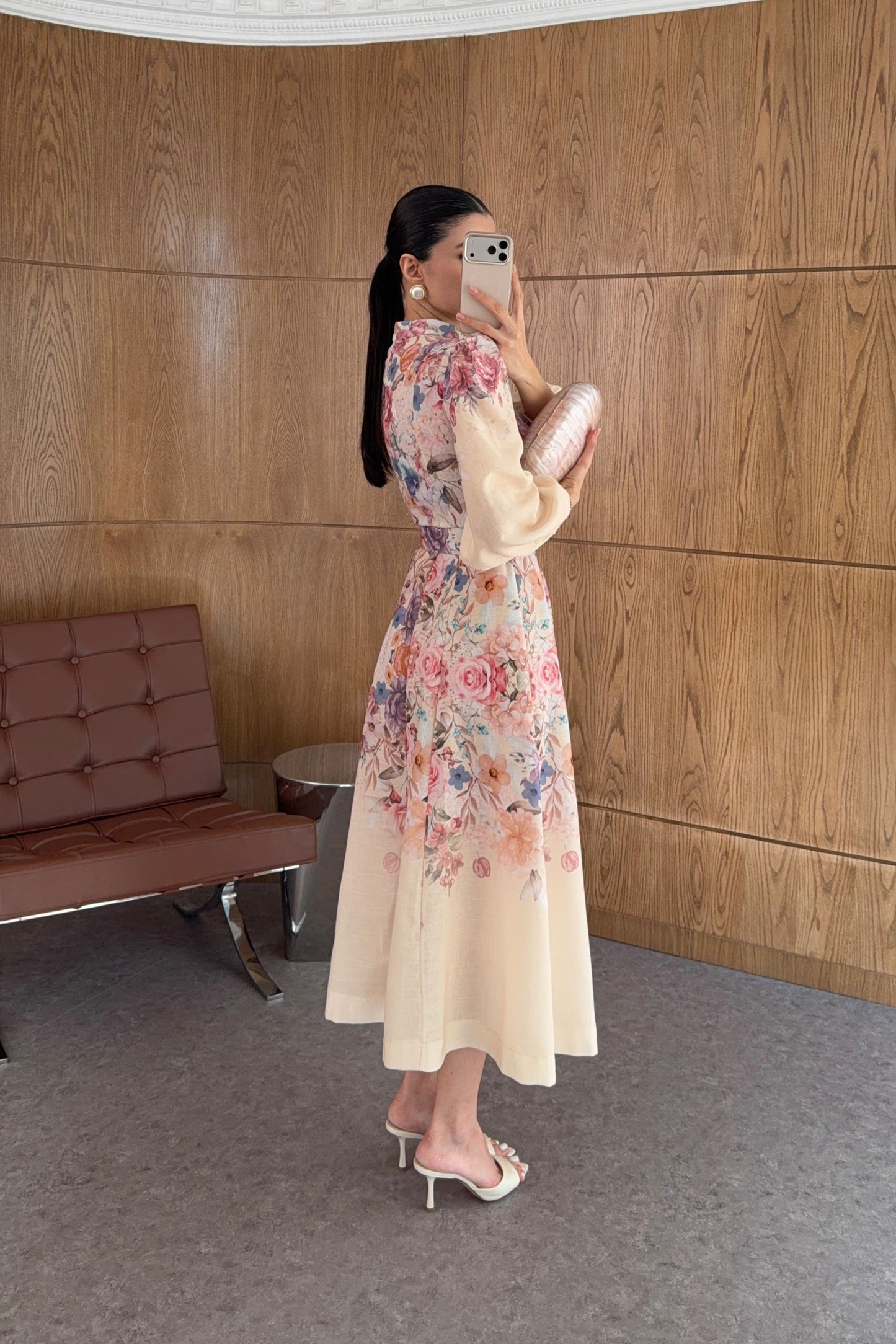 Digital Rose Print Linen-Look Maxi Dress with Puff Sleeves & Belted Waist