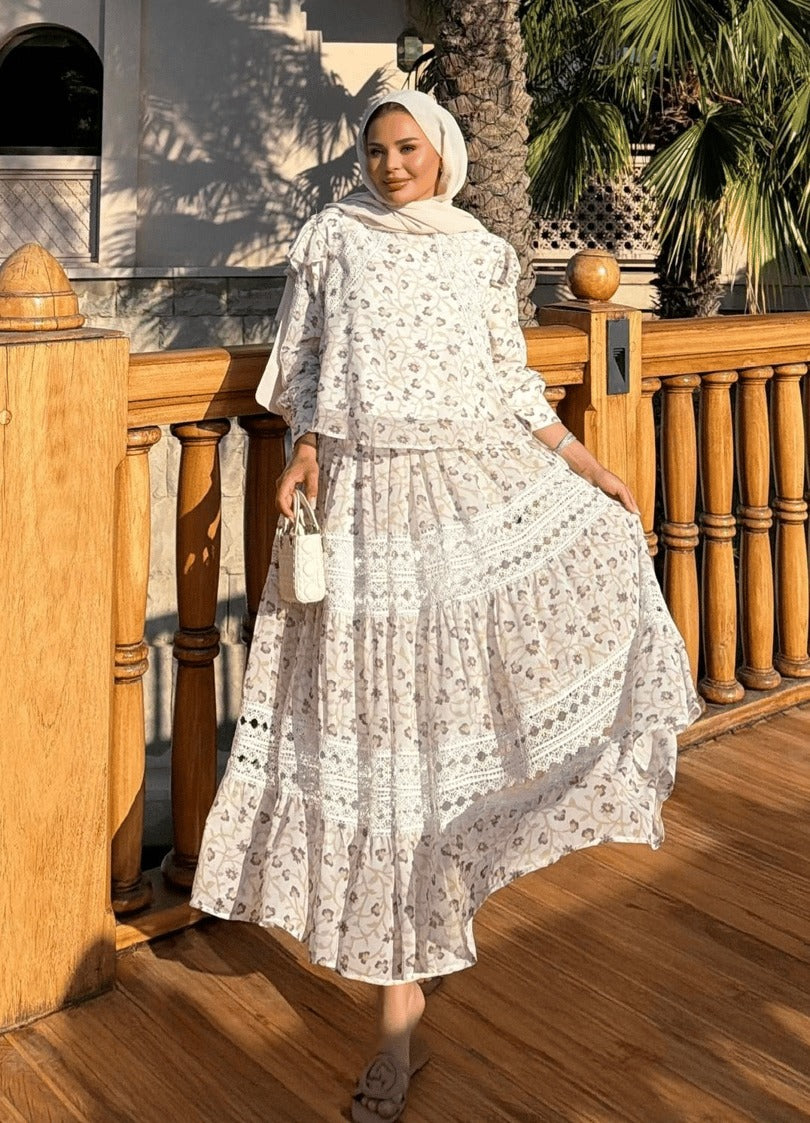 Floral Print Lace-Trim Tiered Maxi Co-ord Set - Ecrou