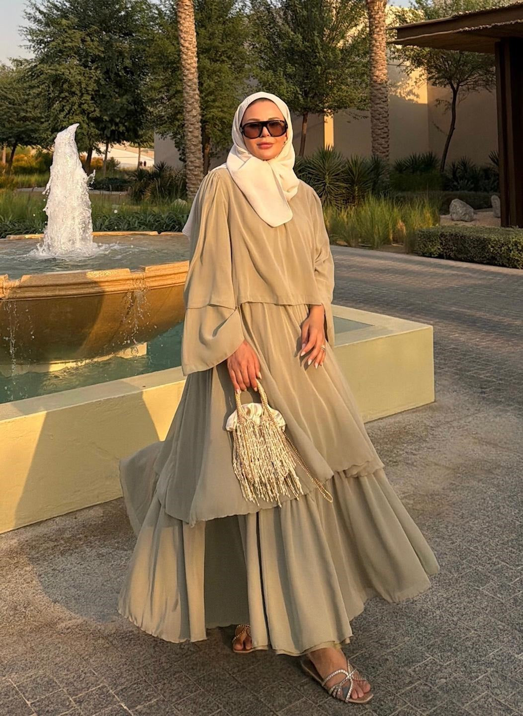 Layered Cape Chiffon Co-ord Set with Tiered Ruffle Skirt - Light Green