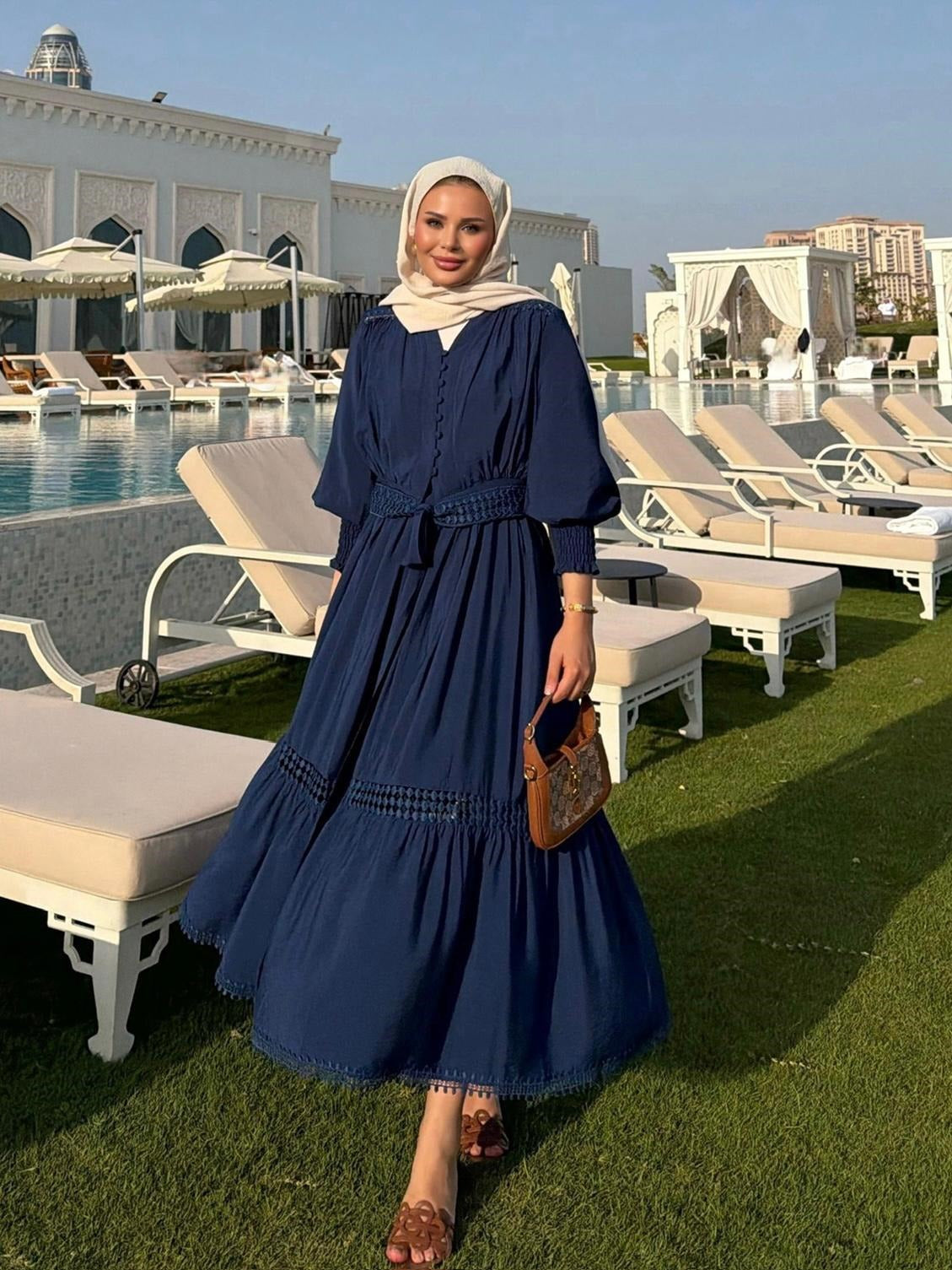 Tiered Boho Lace Trim Co-ord Set with Crochet Waist Belt - Navy