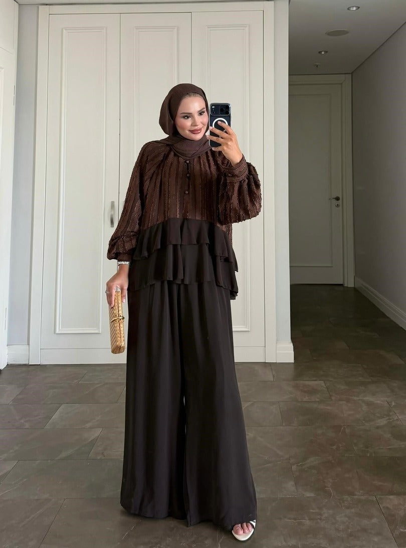 Furla Brown Modest Pant Set - Lined Two Piece High Low Outfit