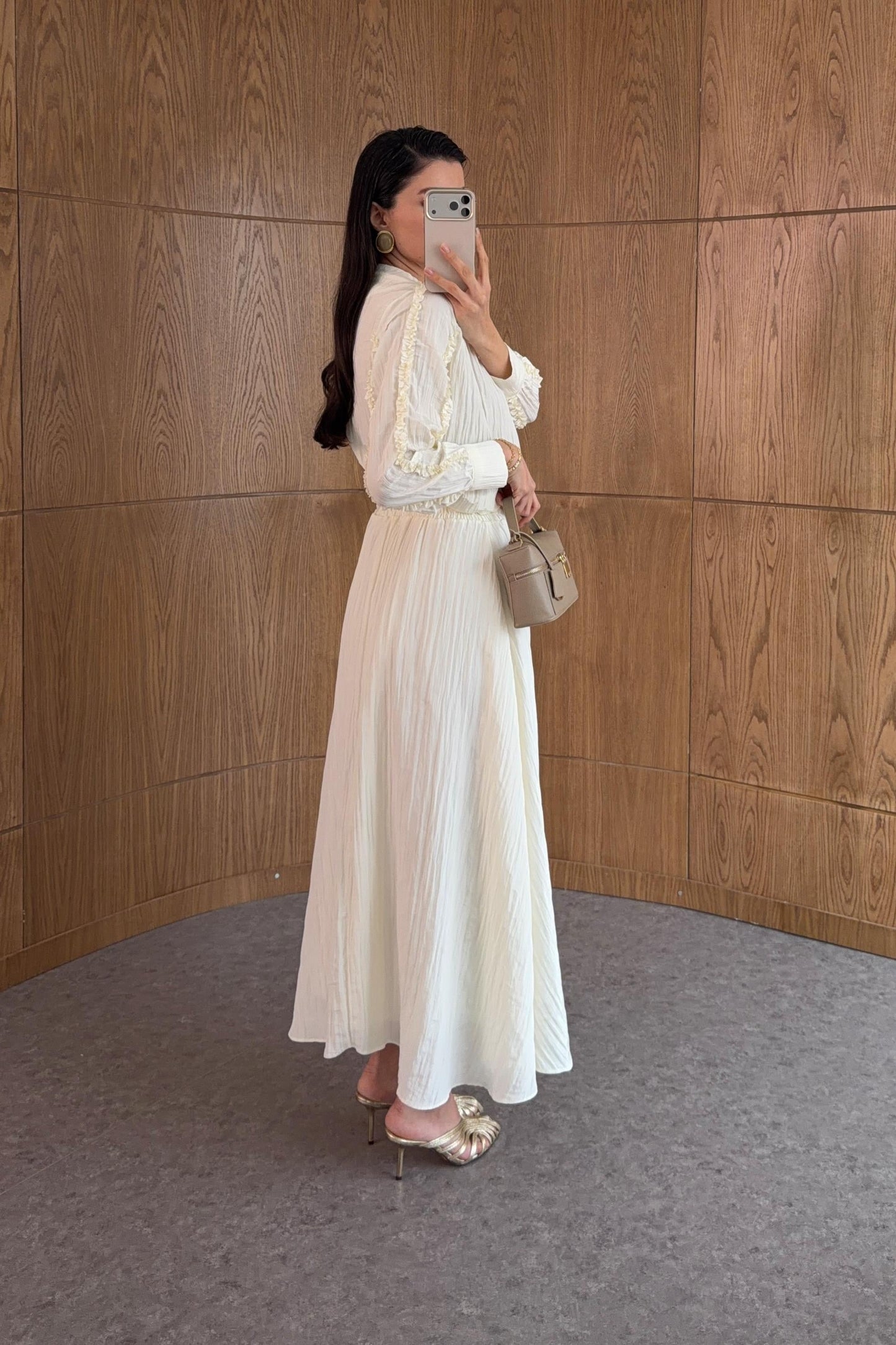 Cream Ruffle Trim Co-ord Set with Tie Neck, Puff Sleeves & Drawstring Waist