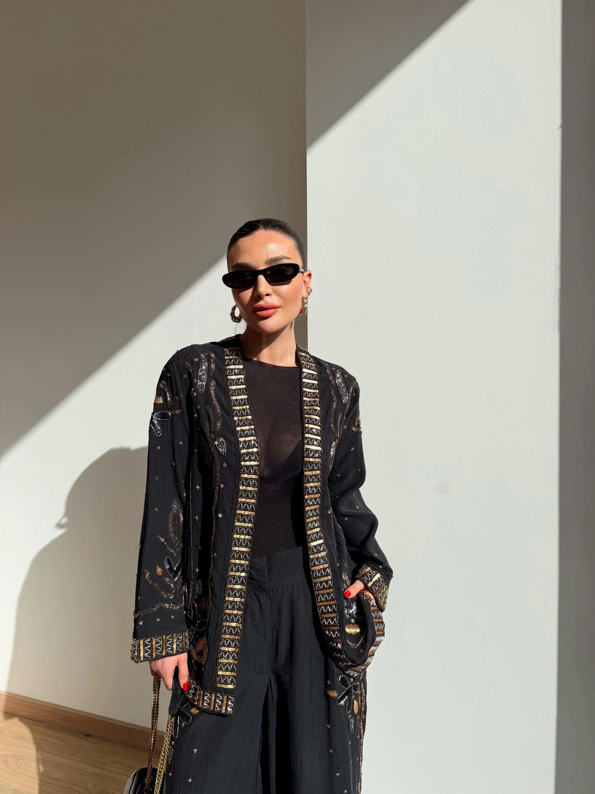 Limited Collection Embroidered Kimono & Pants Two-Piece Set – Black