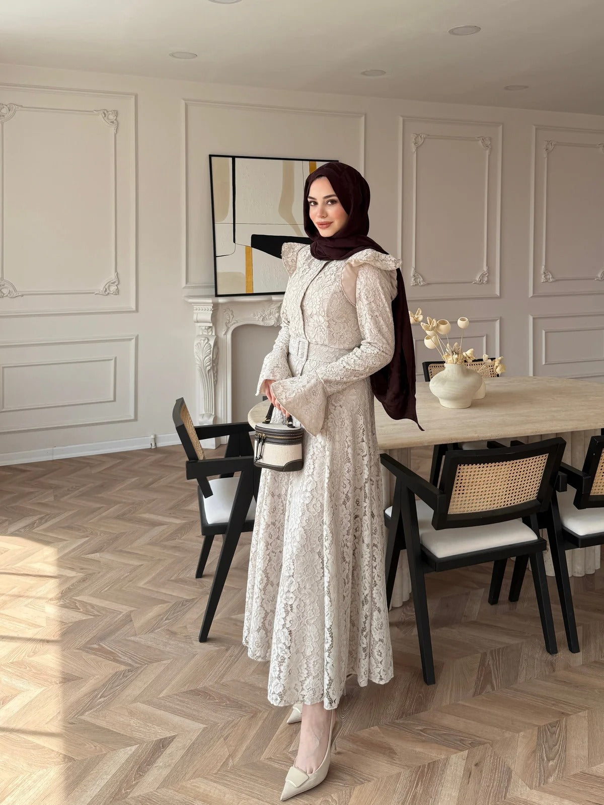 Lace Detailed Belted Maxi Dress - Beige