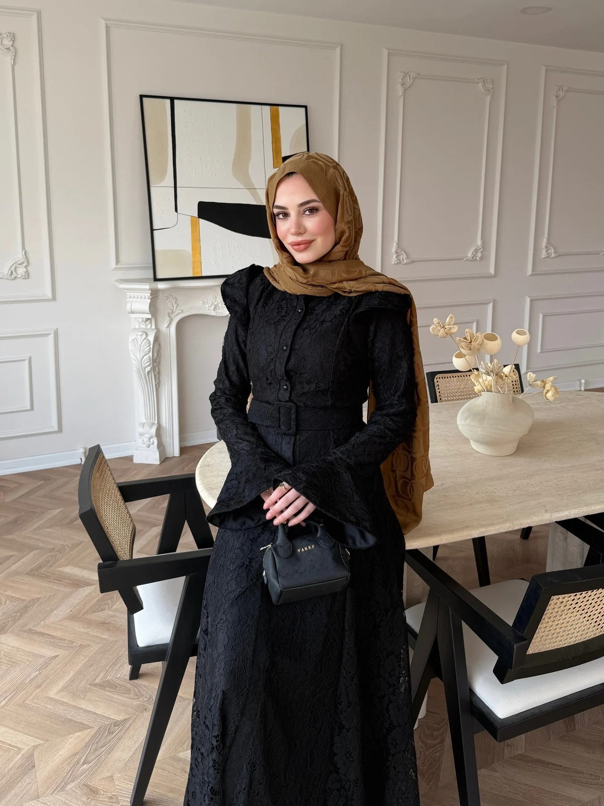 Lace Detailed Belted Maxi Dress - Black