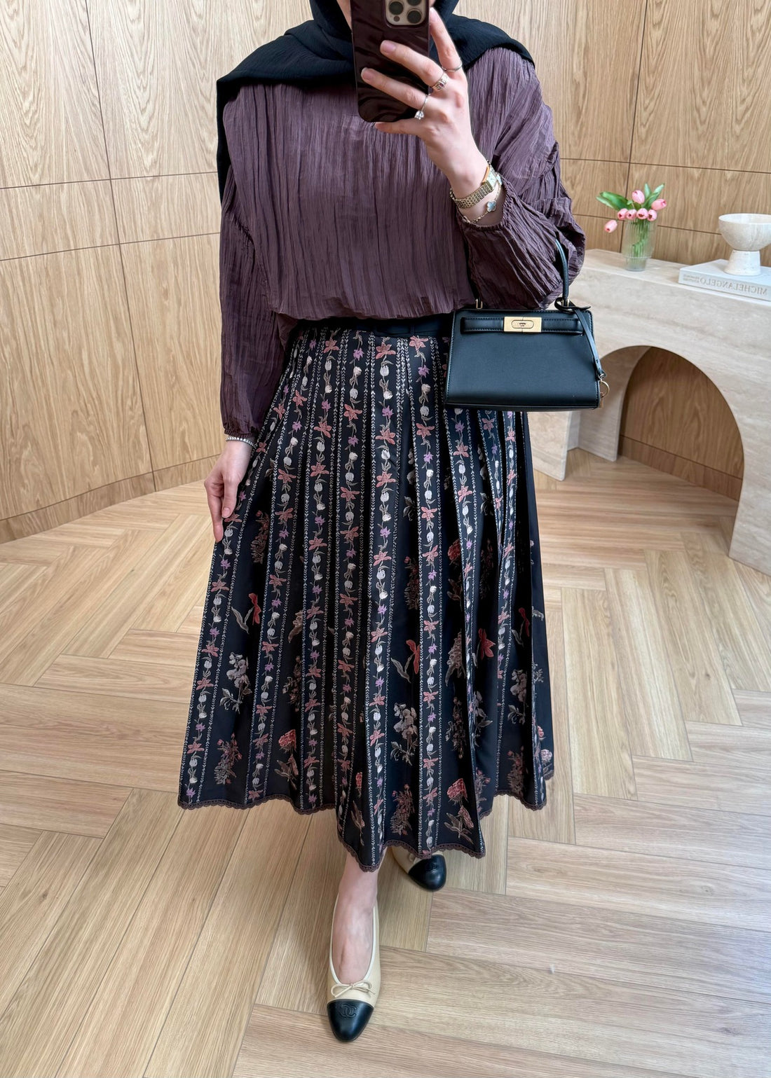 Lily Co-ord Set — Black Textured Blouse & Floral Pleated Midi Skirt