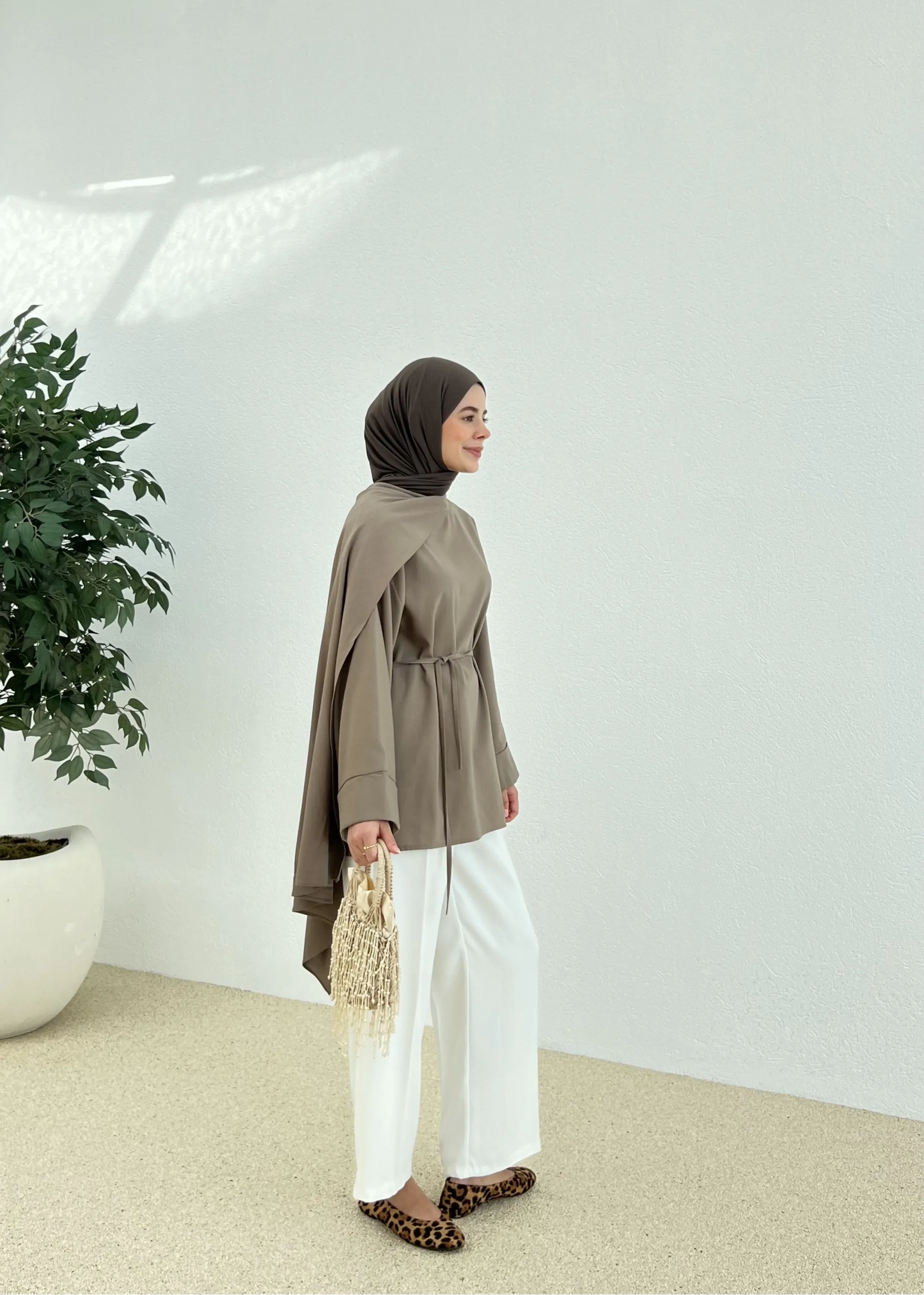 Chic Brown Tunic with Shawl Neckline