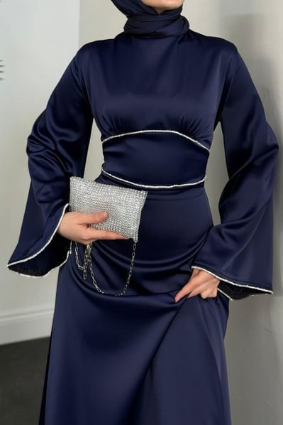 Elegant Navy Satin Modest Evening Dress with Baguette Stone Waist Detail