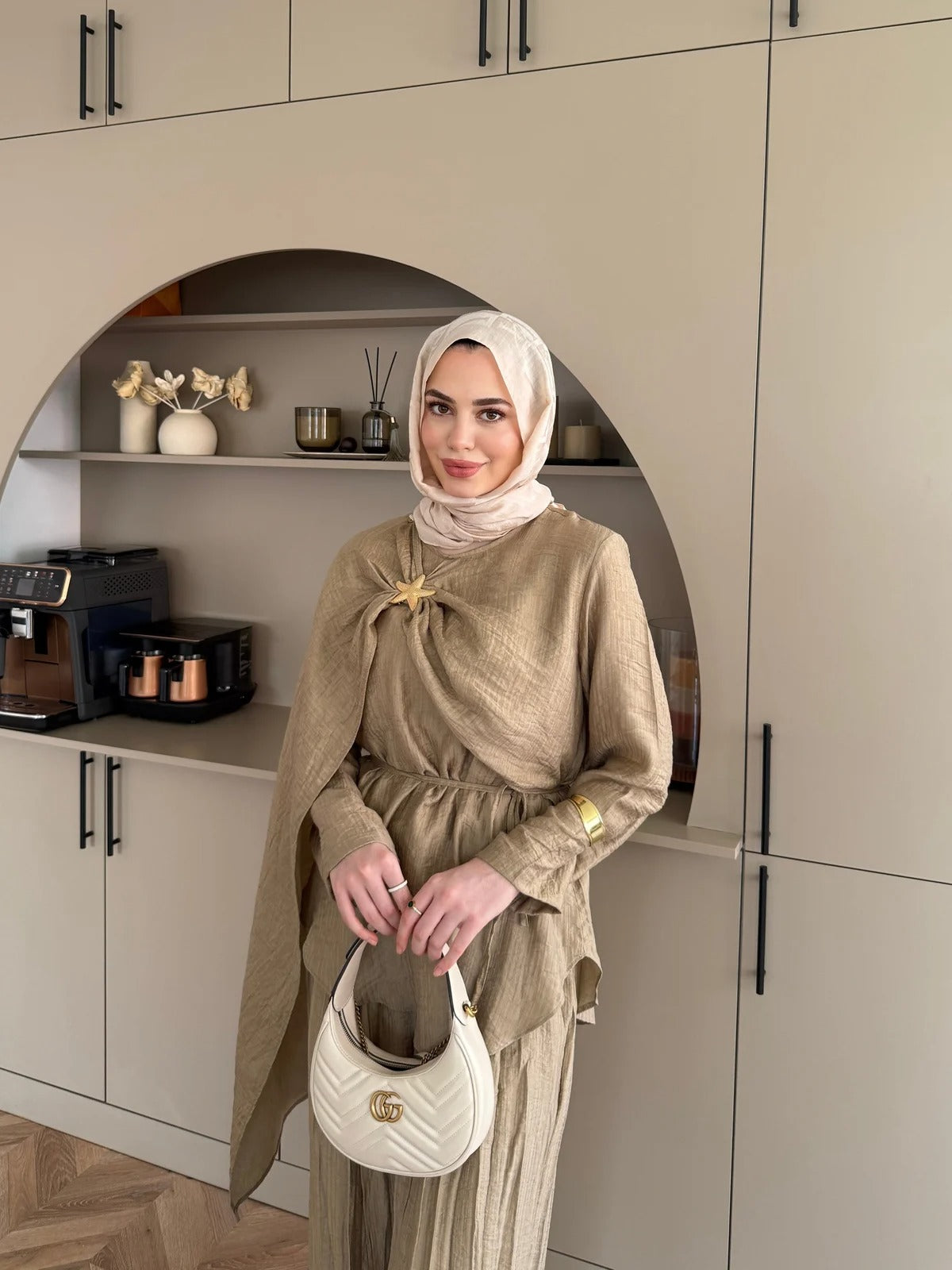 Khaki Starfish Brooch Cape Detail Muslin Trouser Set