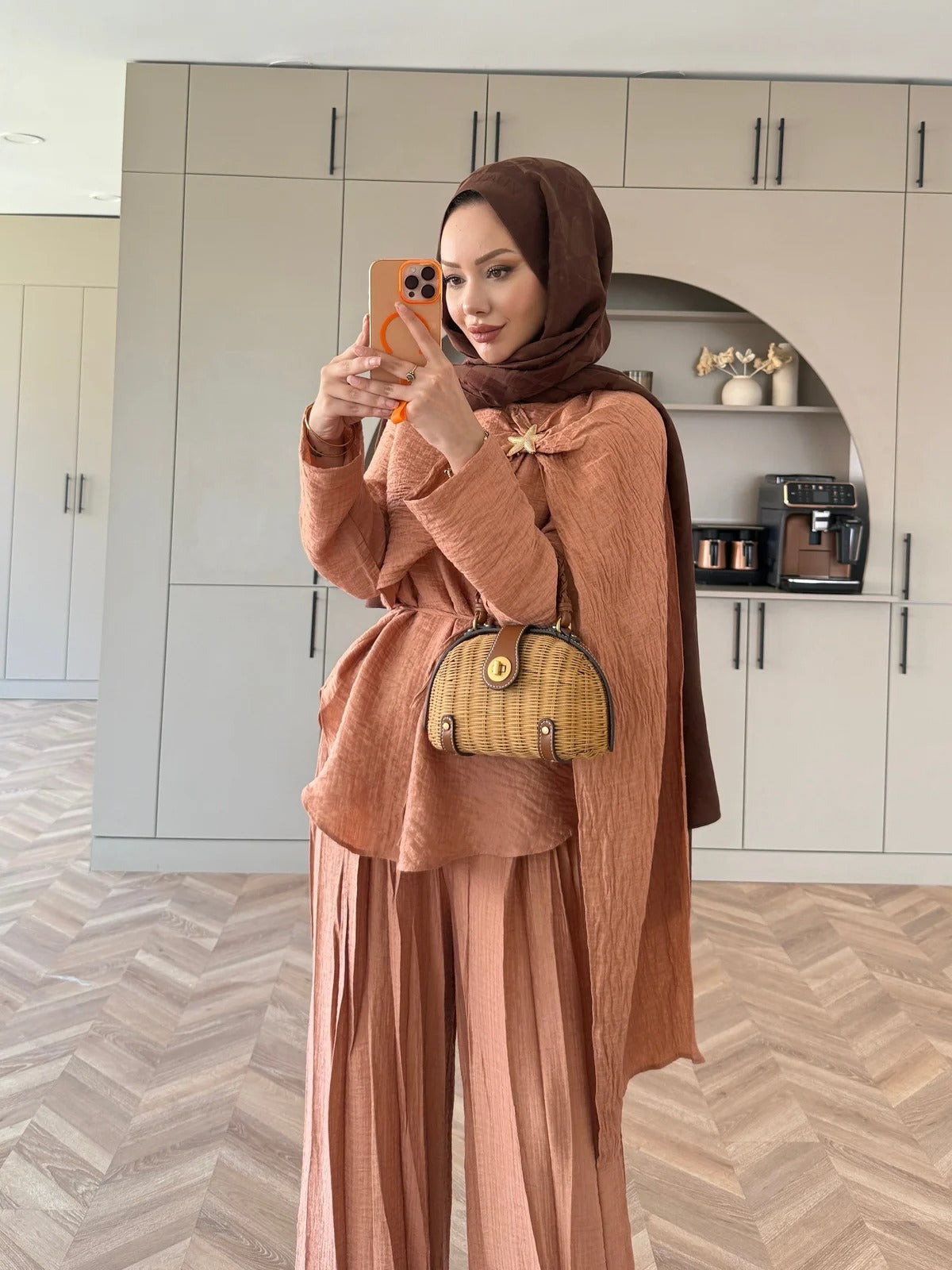 Salmon Starfish Brooch Cape Detail Muslin Trouser Set