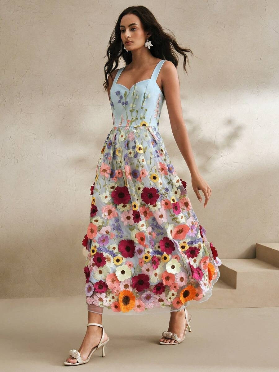 Elegant 3D Floral Embroidered Slip Maxi Dress