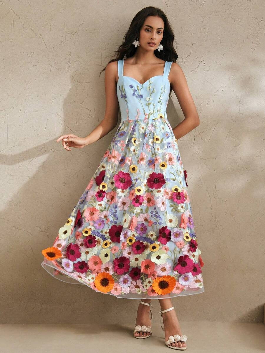 Elegant 3D Floral Embroidered Slip Maxi Dress