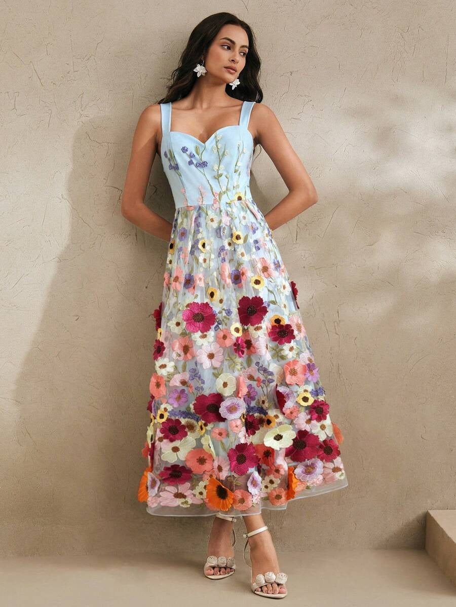 Elegant 3D Floral Embroidered Slip Maxi Dress