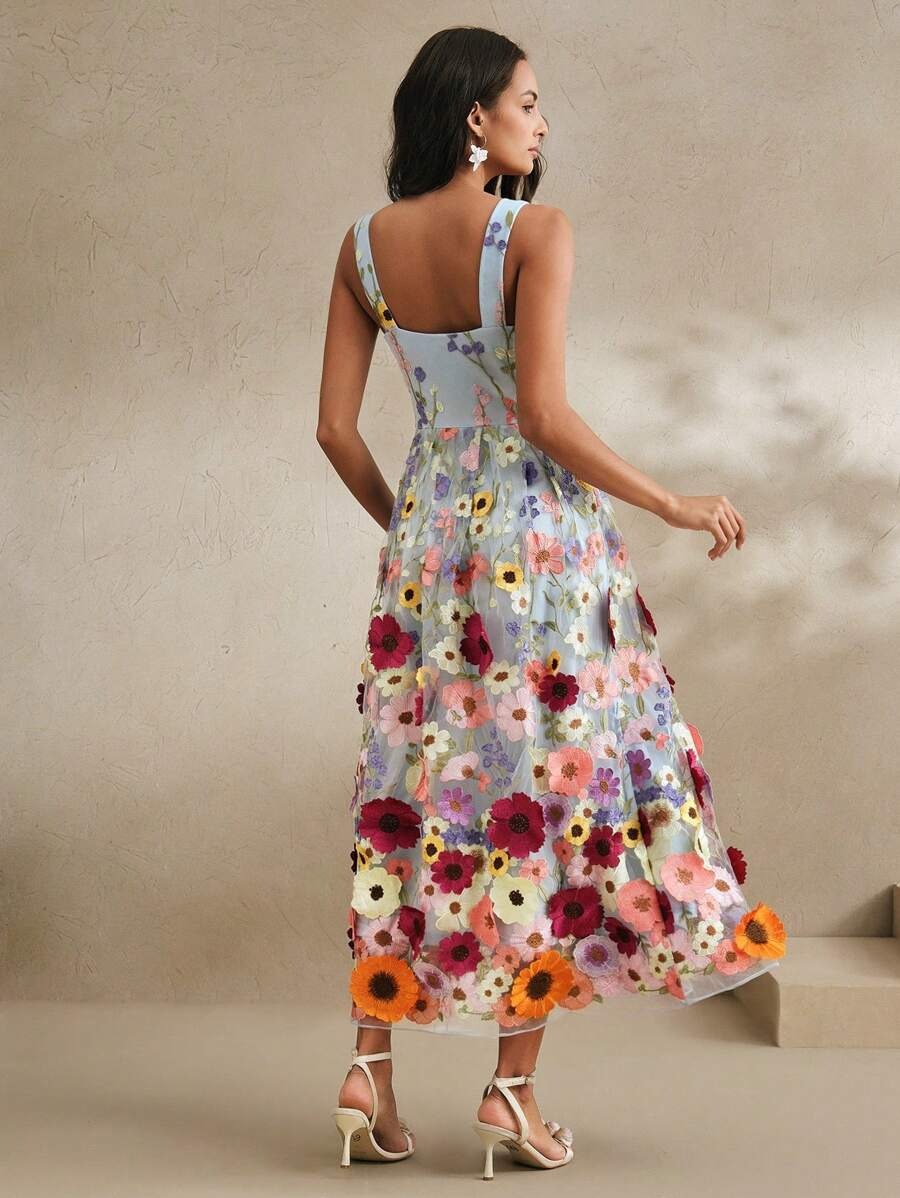Elegant 3D Floral Embroidered Slip Maxi Dress