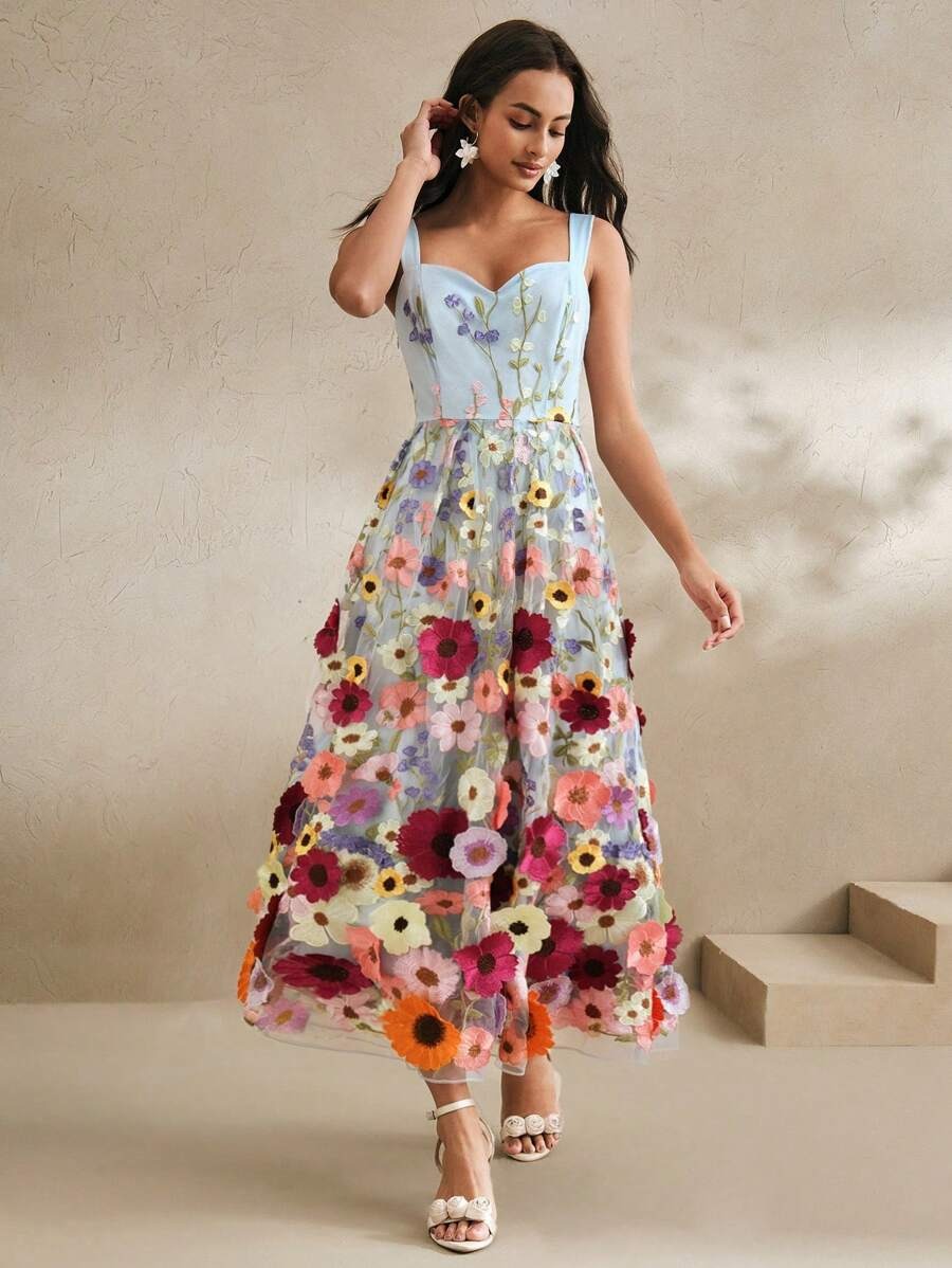 Elegant 3D Floral Embroidered Slip Maxi Dress