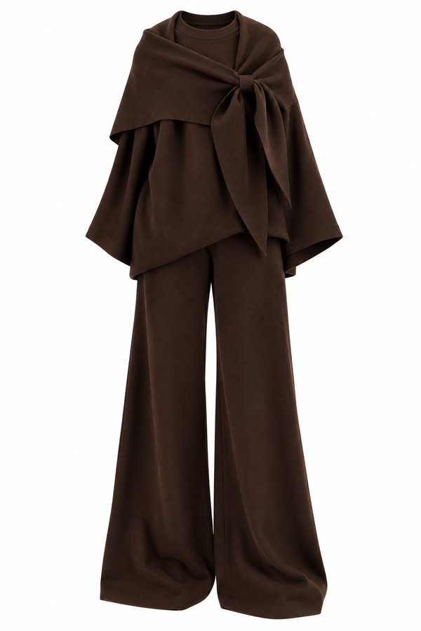 Amaris Shawl-Detail Knit Two-Piece Set – Brown