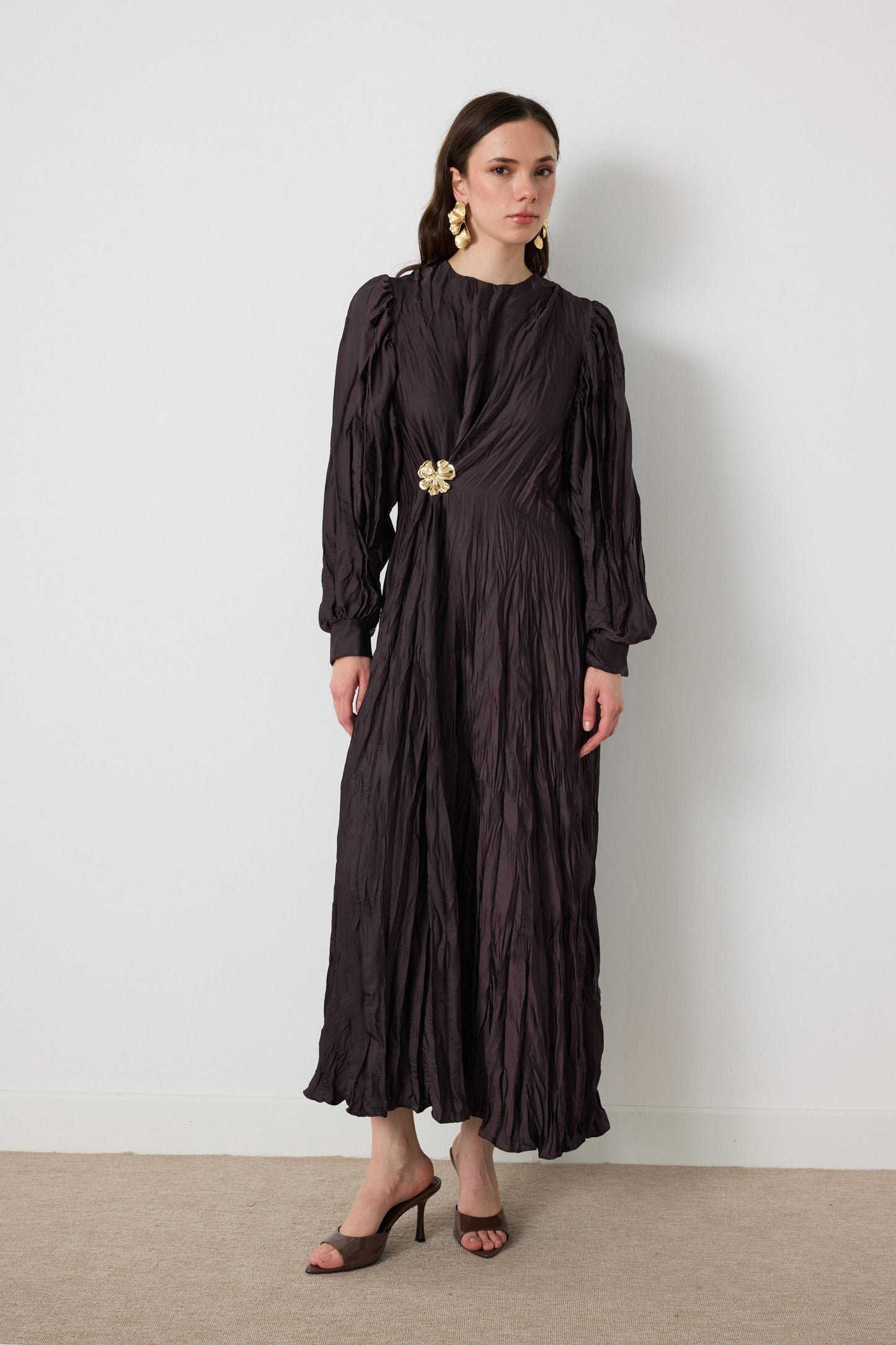 Crinkled Silk Satin Dress with Brooch in Brown