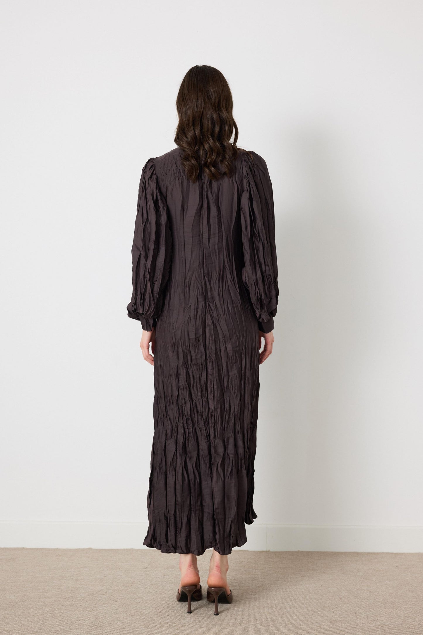 Crinkled Silk Satin Dress with Brooch in Brown