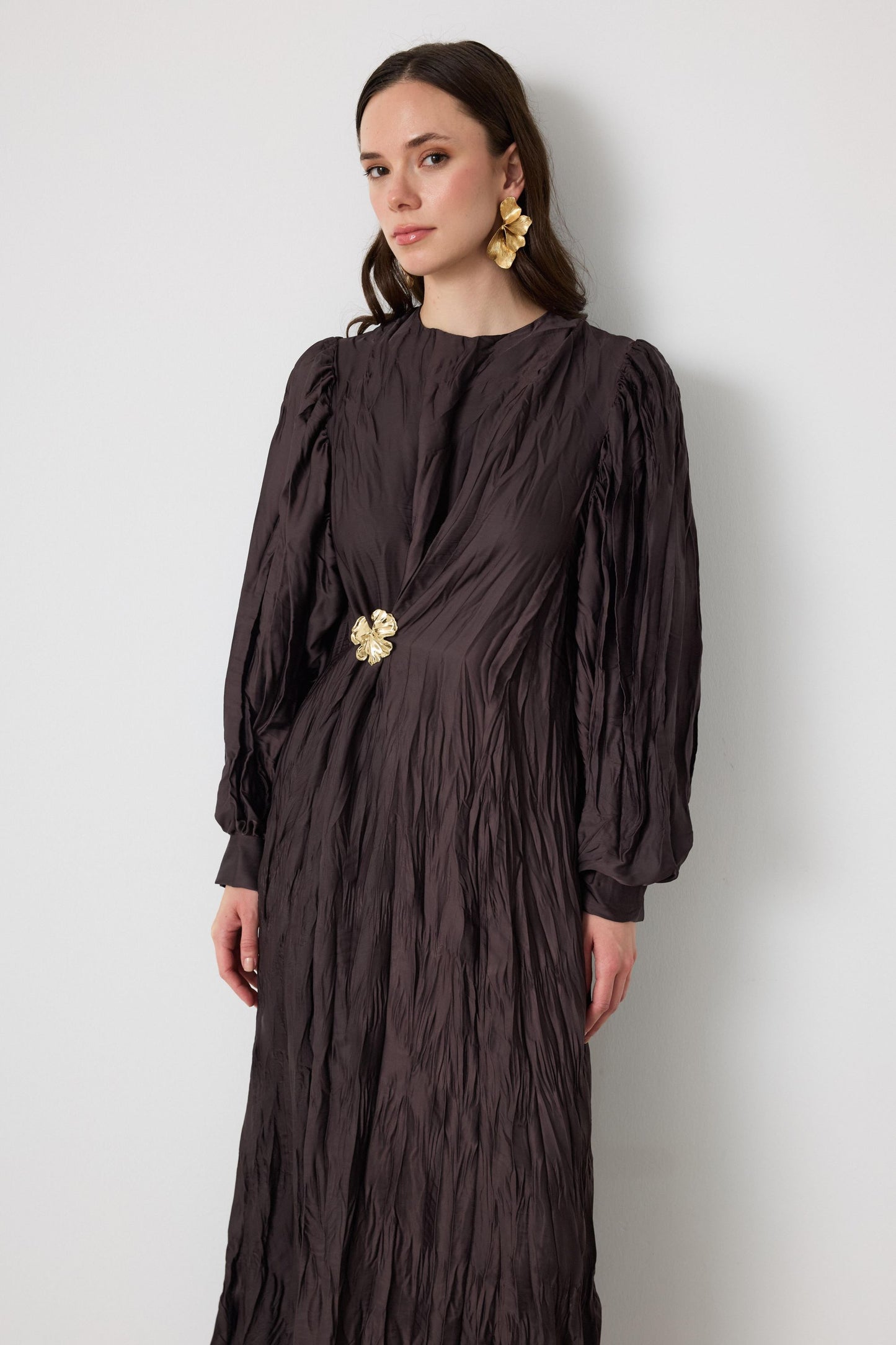 Crinkled Silk Satin Dress with Brooch in Brown