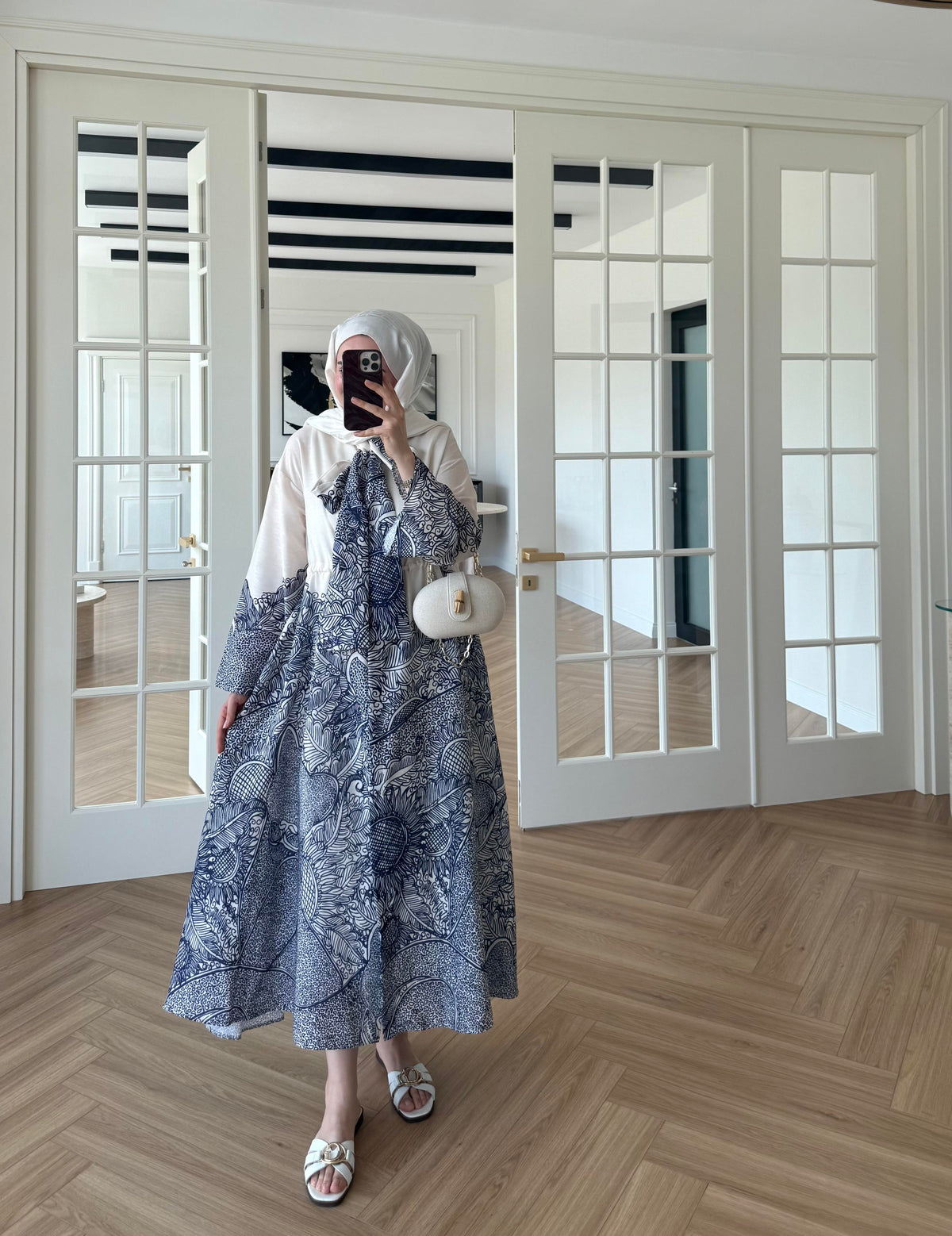 Scarf Collar Linen Dress - Navy