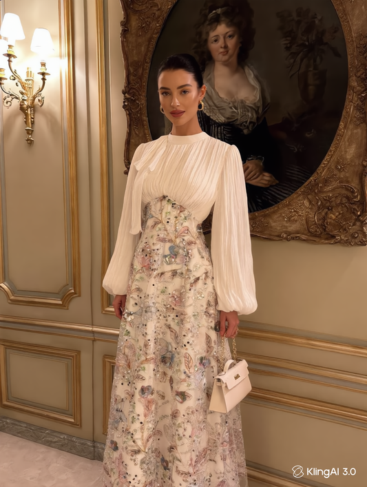 Lisbonne Orchid & Embroidery Modest Evening Gown - White