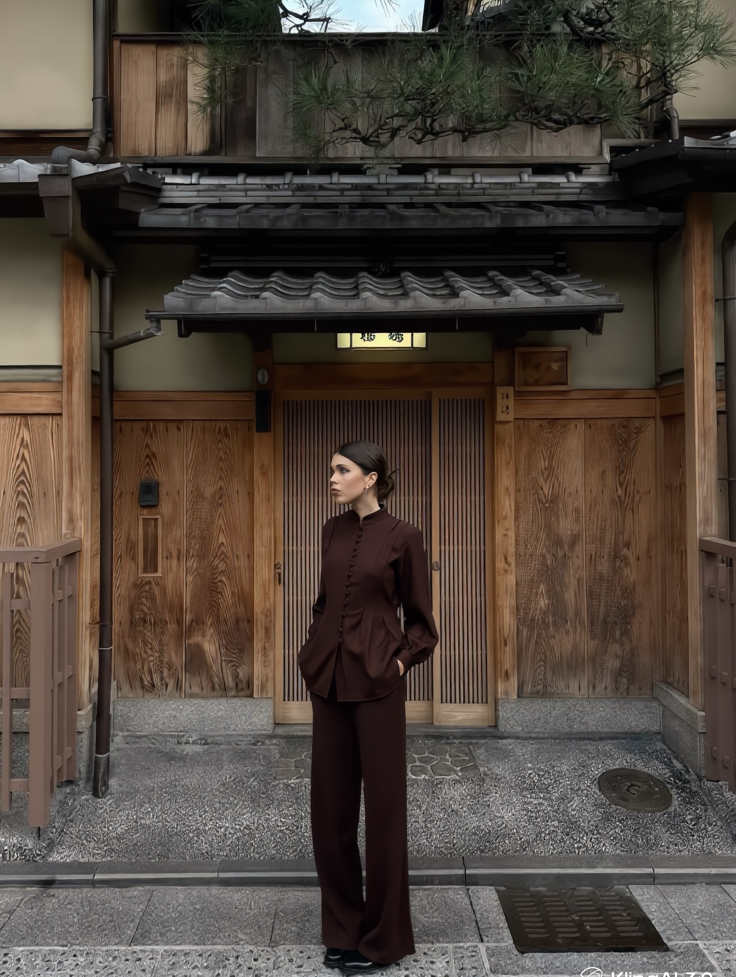 Brown Linen-Look Mandarin Blouse & Wide-Leg Trouser Co-ord Set