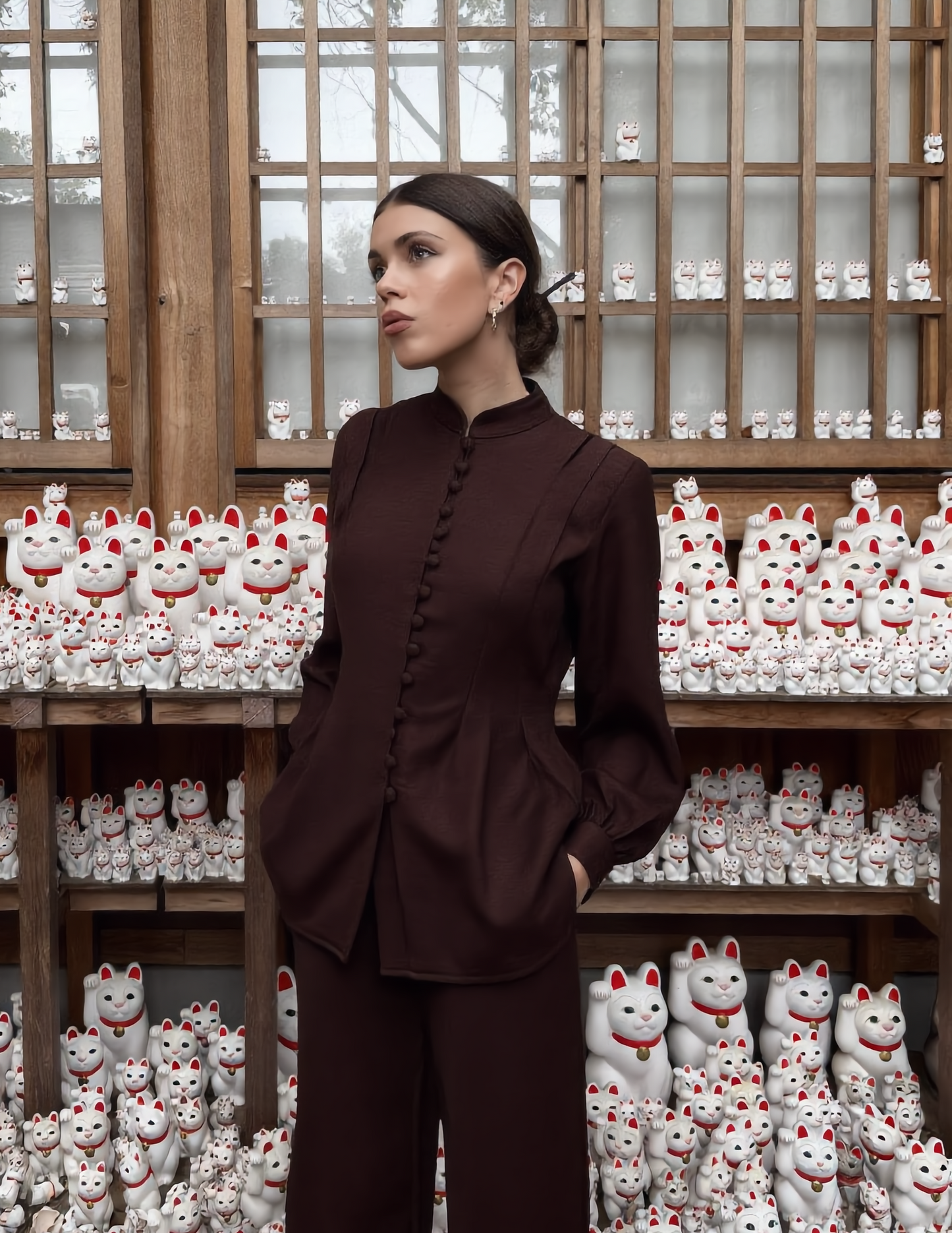 Brown Linen-Look Mandarin Blouse & Wide-Leg Trouser Co-ord Set