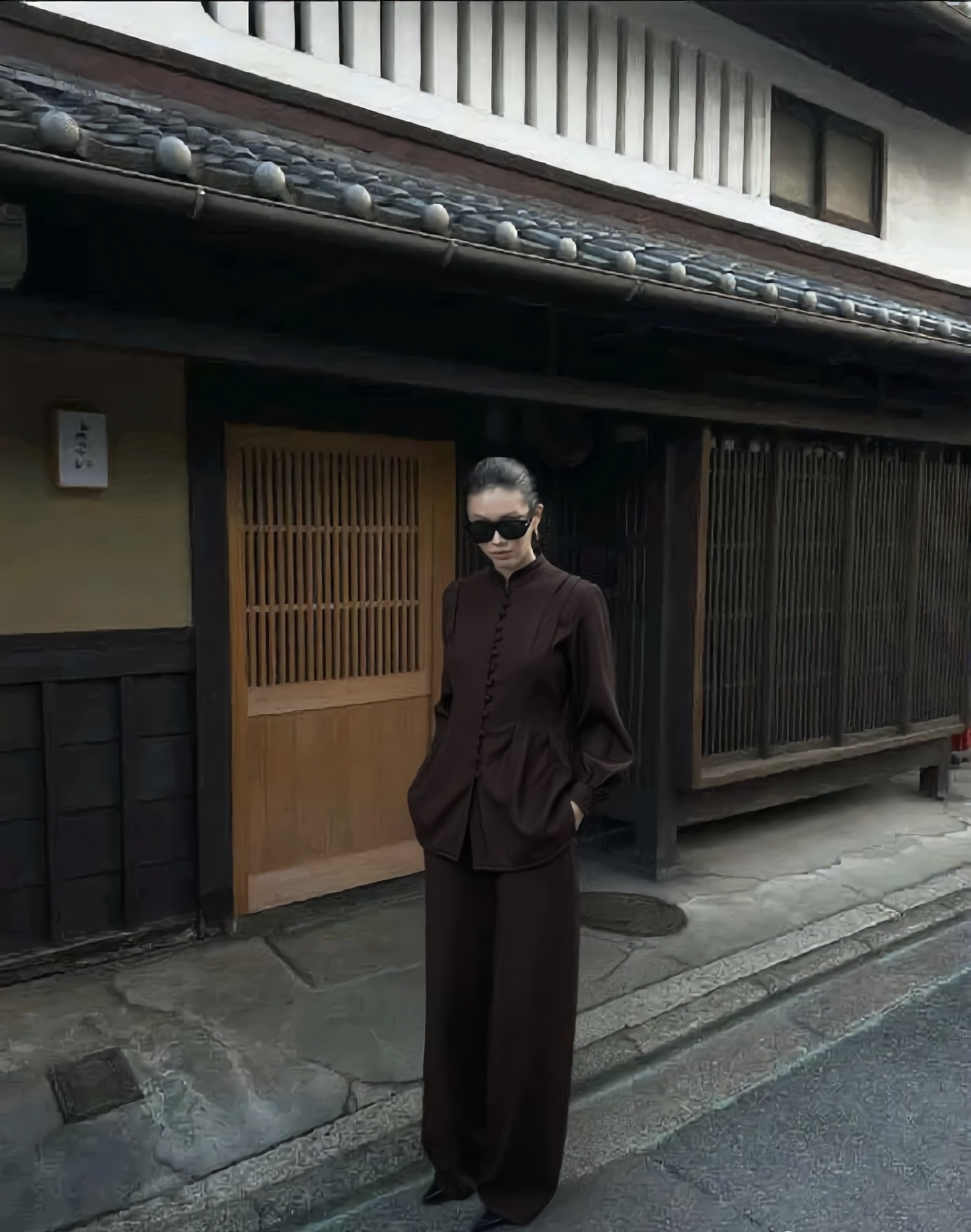 Brown Linen-Look Mandarin Blouse & Wide-Leg Trouser Co-ord Set