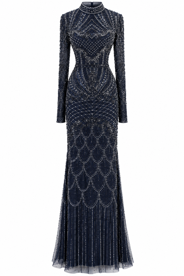 Couture Valessia Modest Evening Dress - Navy