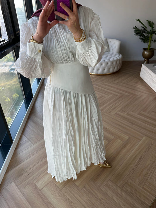 Wrinkle-Effect Voile Belted Maxi Dress in Cream
