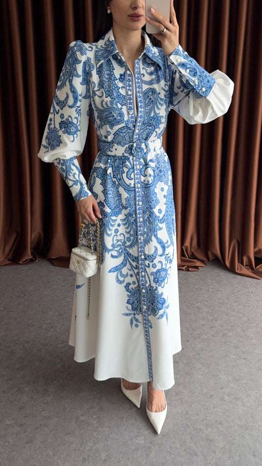 Chic Blue Scarf Pattern Maxi Dress