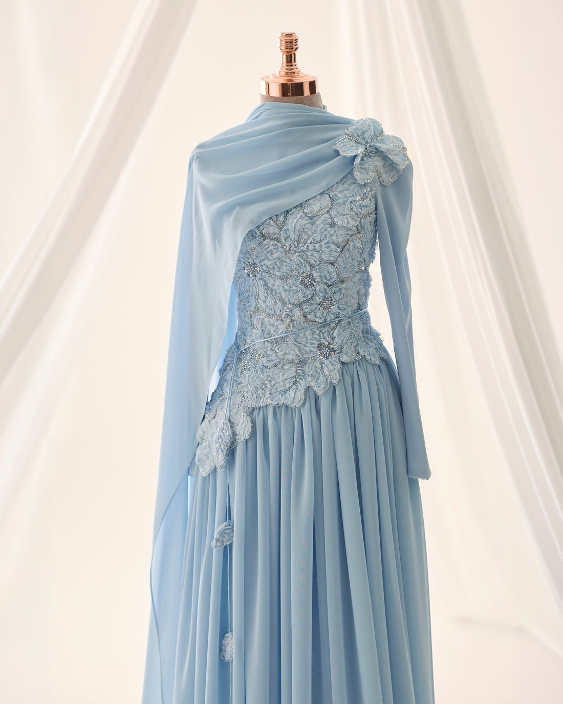 Maya Baby Blue 3D Floral Evening Dress –Formal Gown
