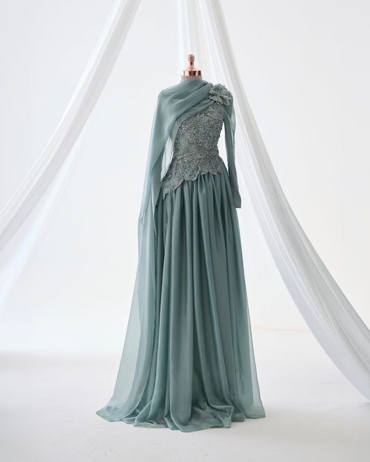 Maya Sage 3D Floral Evening Dress –Formal Gown