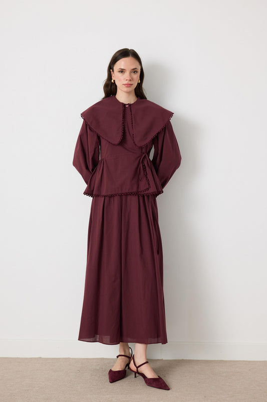 Cotton Linen-Blend 2-Piece Lace Detailed Front-Tie Skirt Set in Burgundy