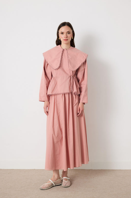Cotton Linen-Blend 2-Piece Lace Detailed Front-Tie Skirt Set in Rose Pink
