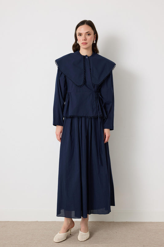 Cotton Linen-Blend 2-Piece Lace Detailed Front-Tie Skirt Set in Navy Blue