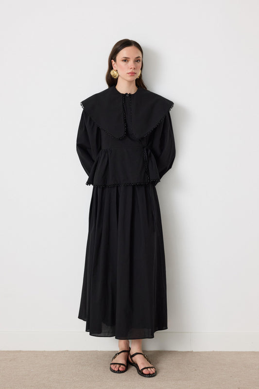 Cotton Linen-Blend 2-Piece Lace Detailed Front-Tie Skirt Set in Black
