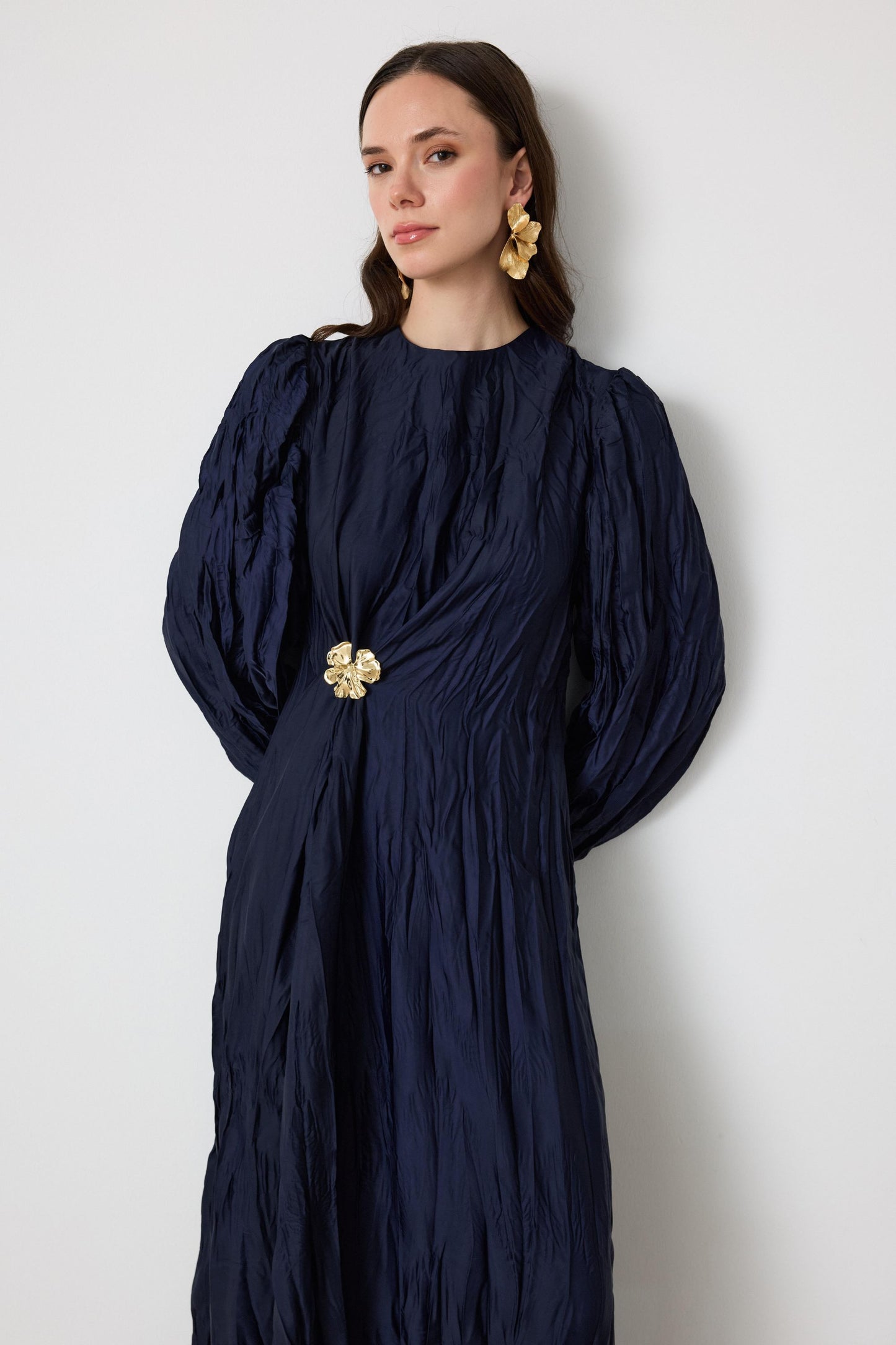 Crinkled Silk Satin Dress with Brooch in Navy Blue